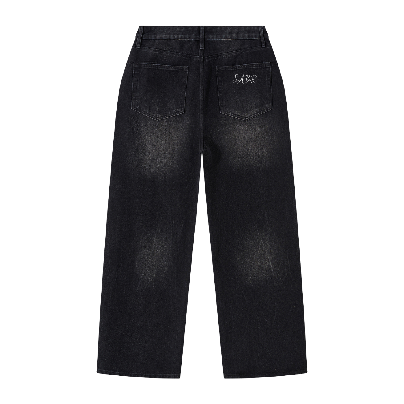 Men's vintage wash wide leg jeans in black, back view