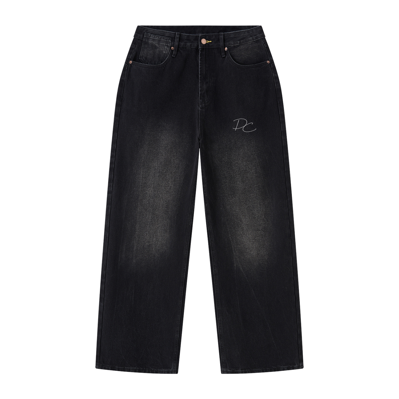 Men's vintage wash wide leg jeans in black, front view